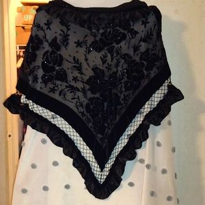 LUCY SILK..100%,burn out velvet black silk shawl with silk ruffled edge